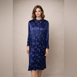Vince Marine Blue Tulip Jacquard Long Sleeve Midi‎ Dress XS